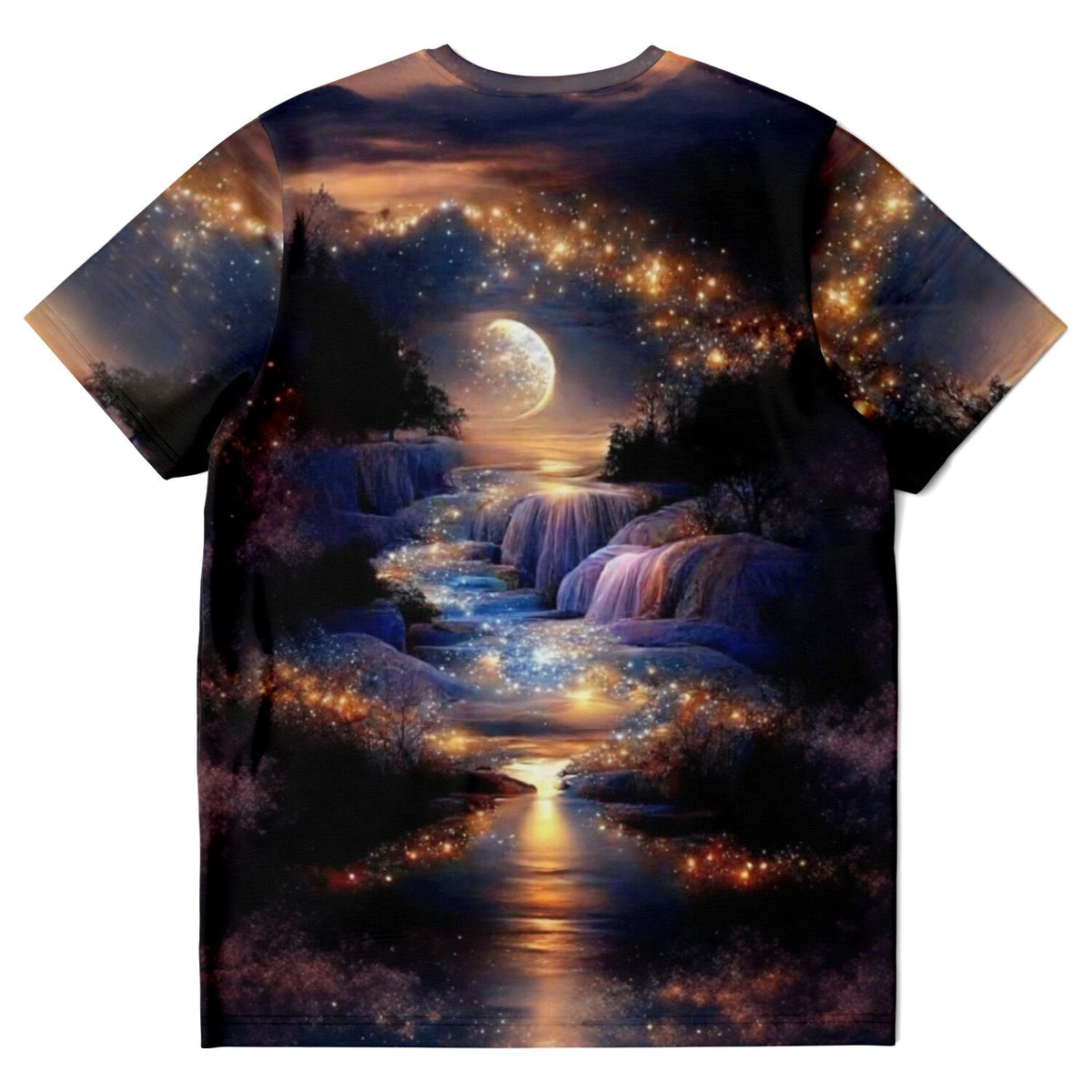 T-Shirt mit verträumter Landschaft bei Mondschein, vergleichbar mit den filigranen Motiven von Diamond Painting Sets.