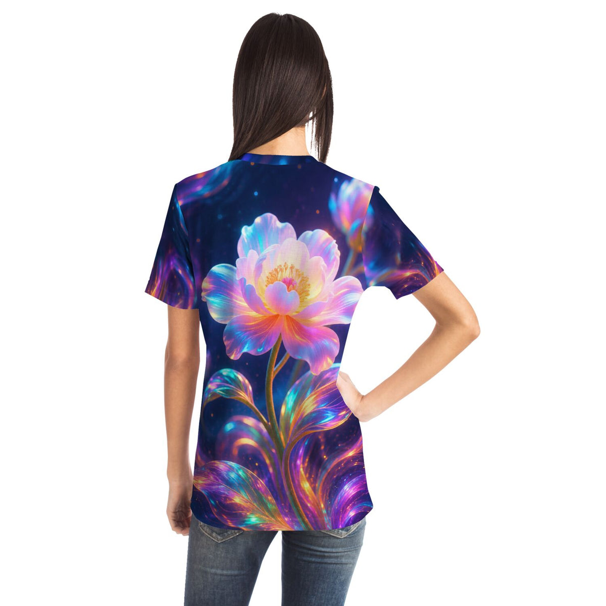 T-Shirt mit leuchtendem Blumen-Motiv, kunstvoll gestaltet wie ein Diamond Painting oder Malen nach Zahlen für Erwachsene