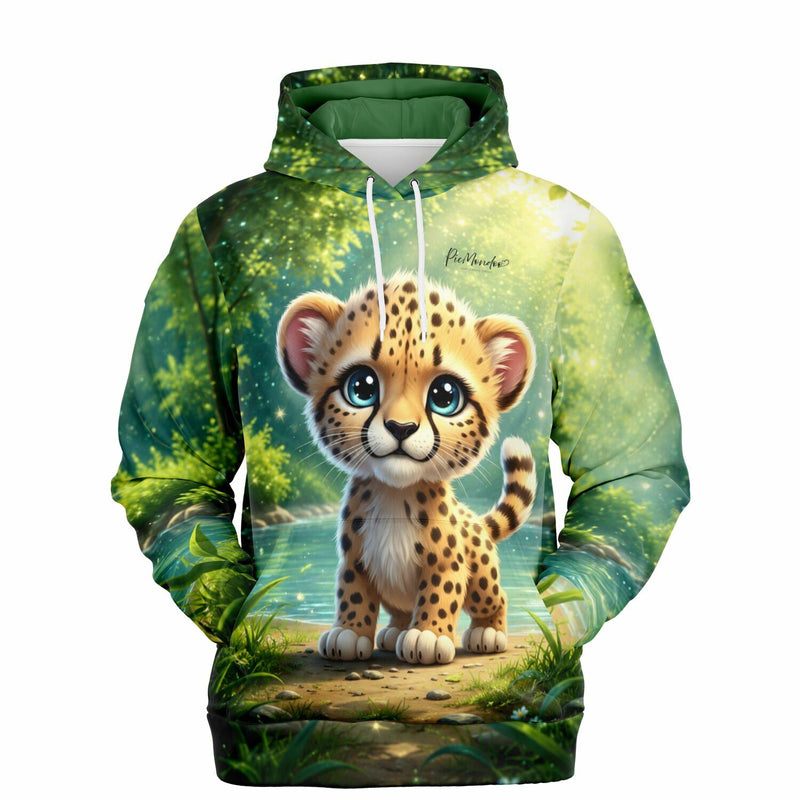 Dreamer Hoodie Kibo mit niedlichem Geparden-Motiv in grünem Wald, ideal für Fans von Diamond Painting und DIY-Kunst.