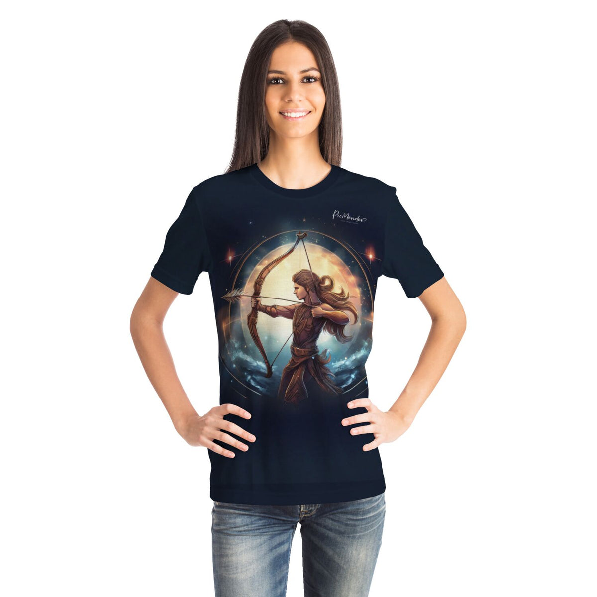 Dunkelblaues T-Shirt für Erwachsene mit kunstvollem Schütze Sternzeichen Druck im Diamond Painting Design