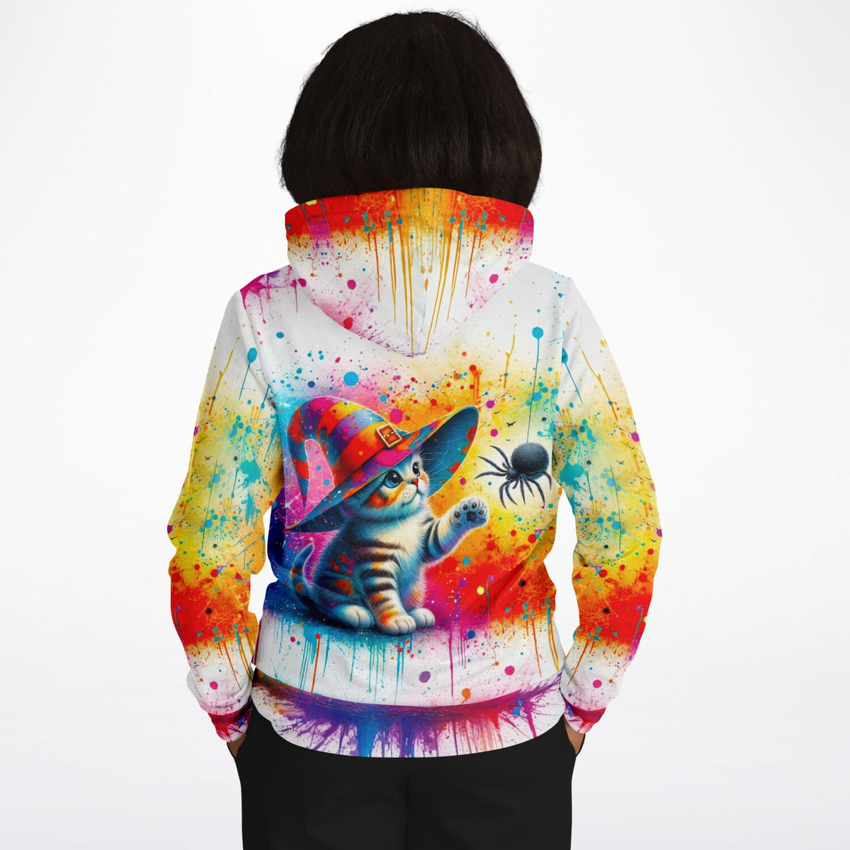 Hoodie mit süßer Zauberkatze im Hexenhut und Farbspritzer-Design, inspiriert von Malen nach Zahlen Kunstwerken.