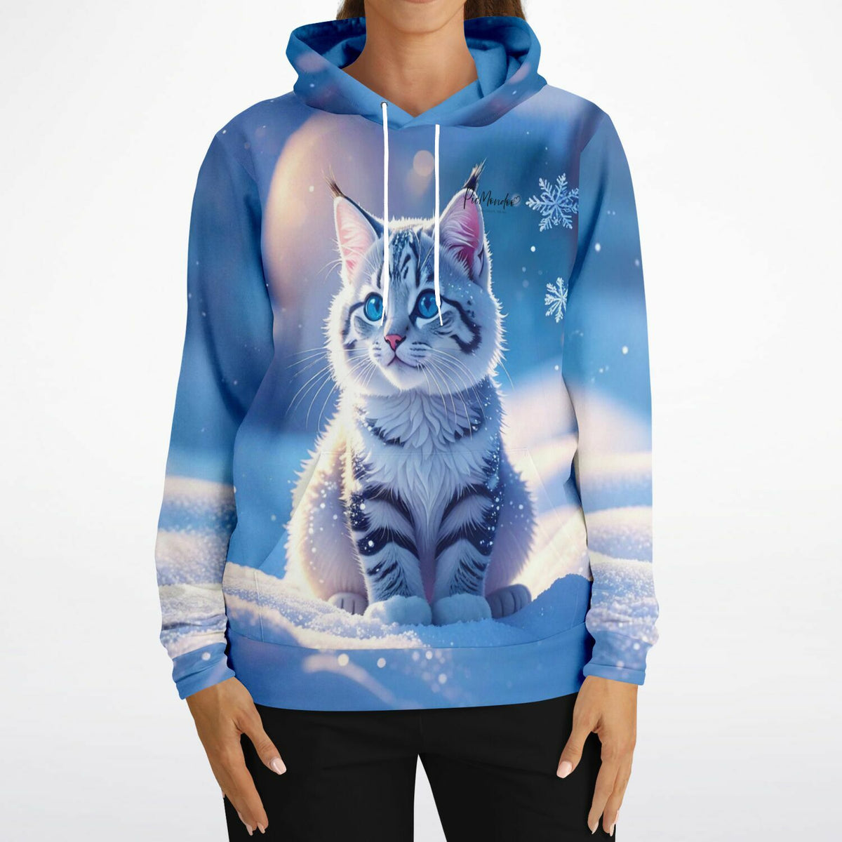 Dreamer Hoodie mit Schneegeist Katzenmotiv in blauem Winter-Design für Fans von Diamond Painting und DIY-Kunst