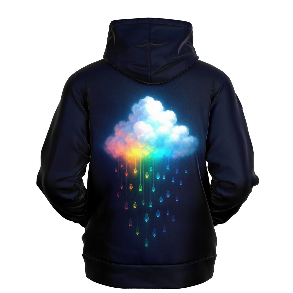 Schwarzer Hoodie mit leuchtender Regenbogen-Wolke und farbenfrohen Regentropfen im kreativen Grafik-Design für Fans