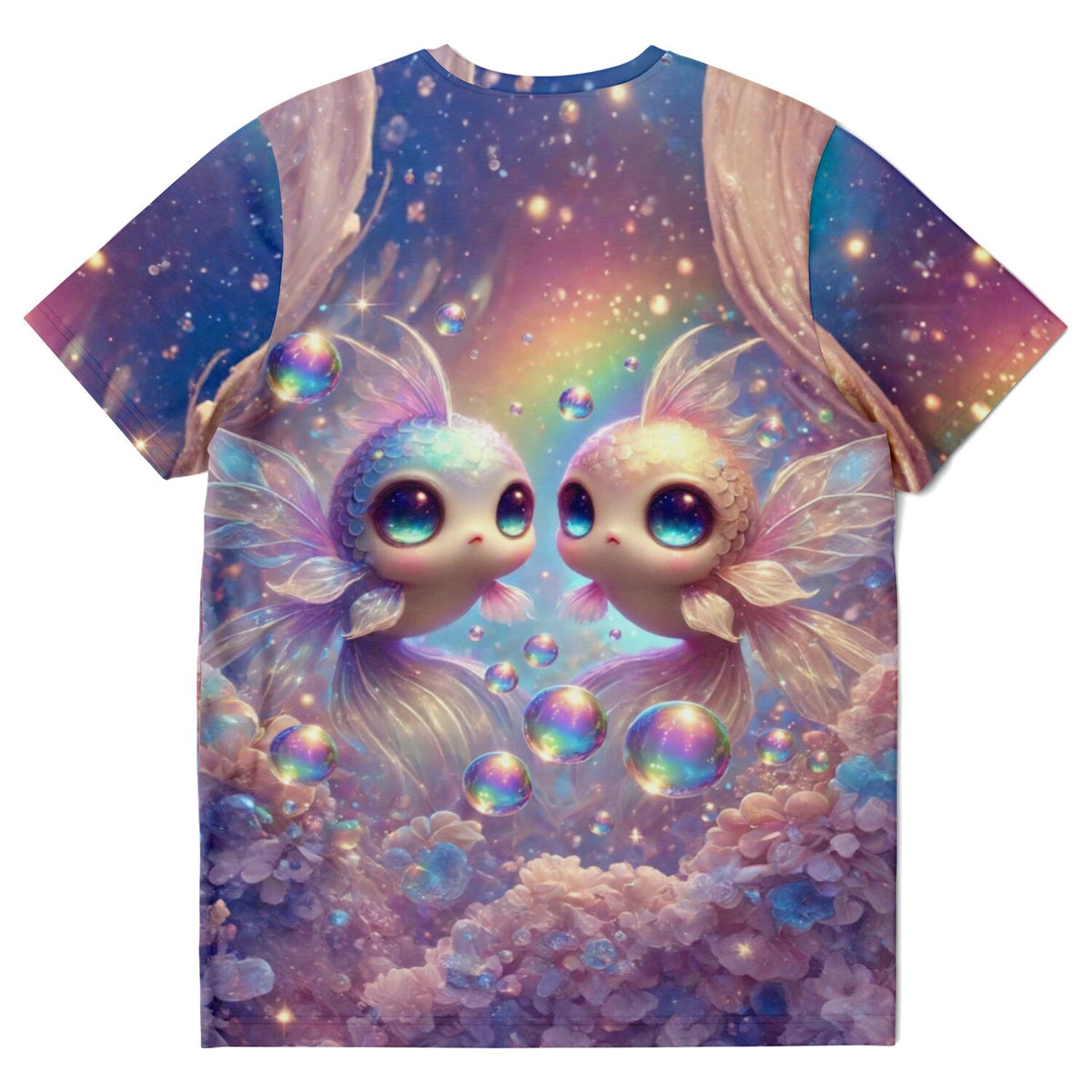 T-Shirt mit verträumtem Glitzerwelt-Motiv: zwei magische Fische zwischen Blumen und Seifenblasen im Diamond Painting Stil