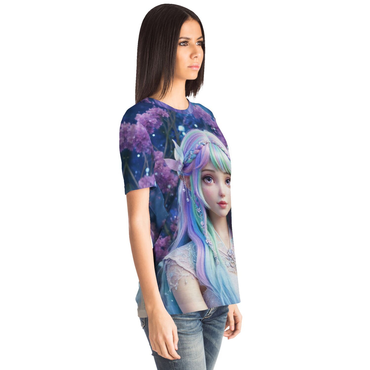 Frau trägt Dreamer T-Shirt mit kunterbunter Feenprinzessin Elara im Stil unserer beliebten Diamond Painting Motive