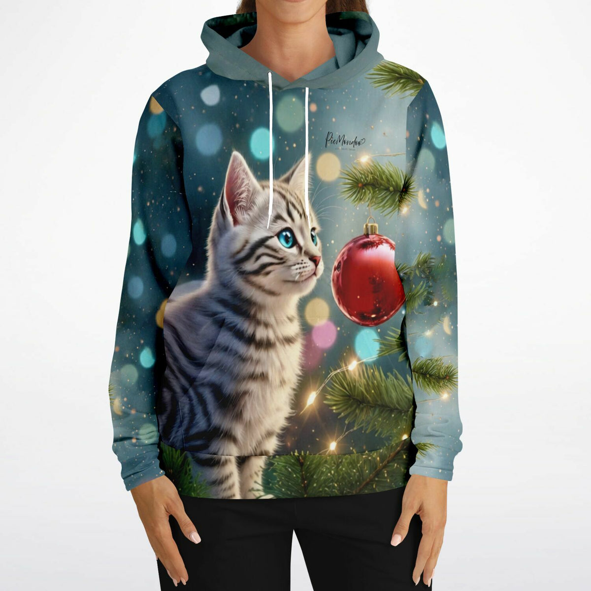 Dreamer Hoodie Minka mit süßer Katze, Tannenbaum und Weihnachtskugel im weihnachtlichen All-Over-Print Design