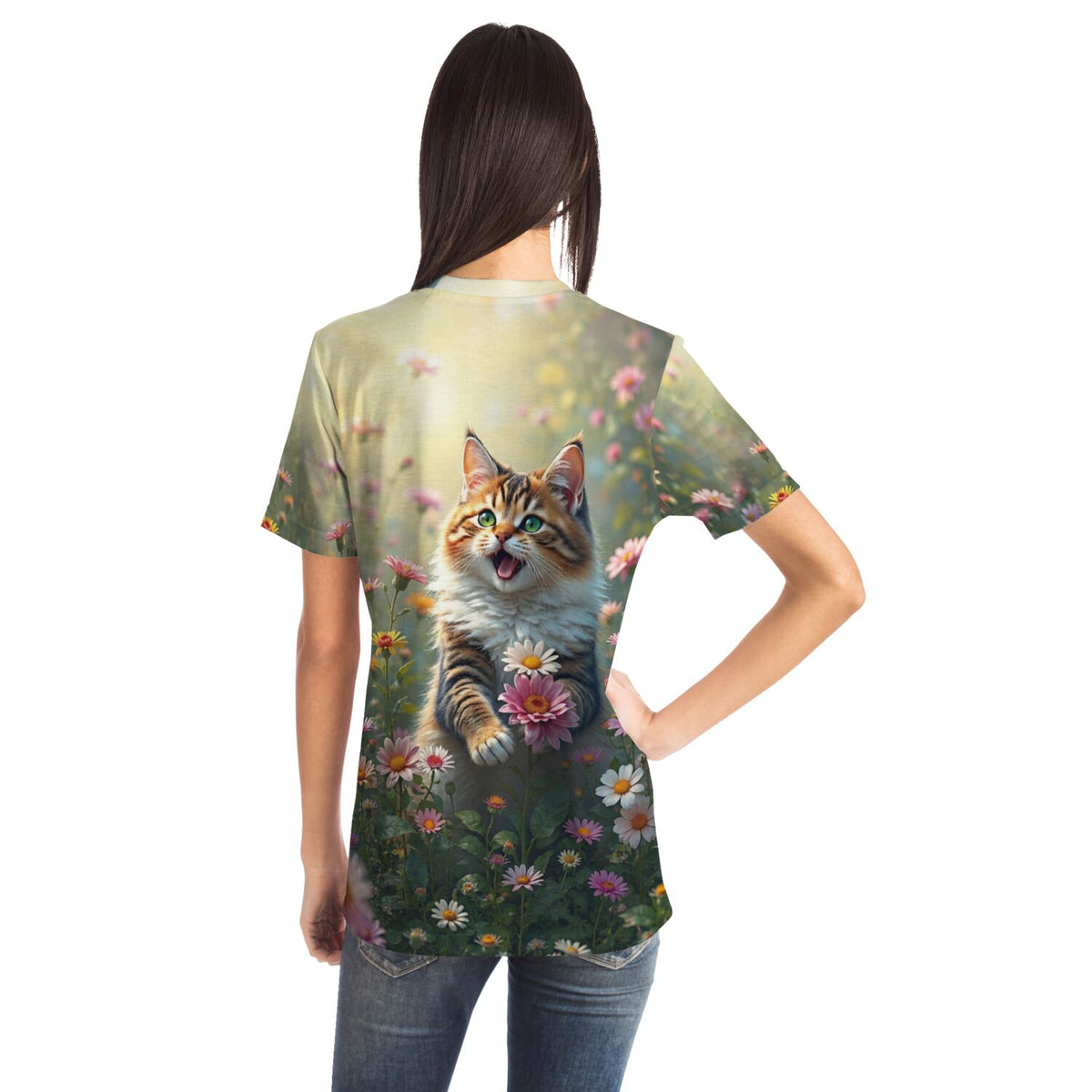 T-Shirt mit süßer Katze im Blumenfeld, Motiv ideal für Diamond Painting und Malen nach Zahlen Fans