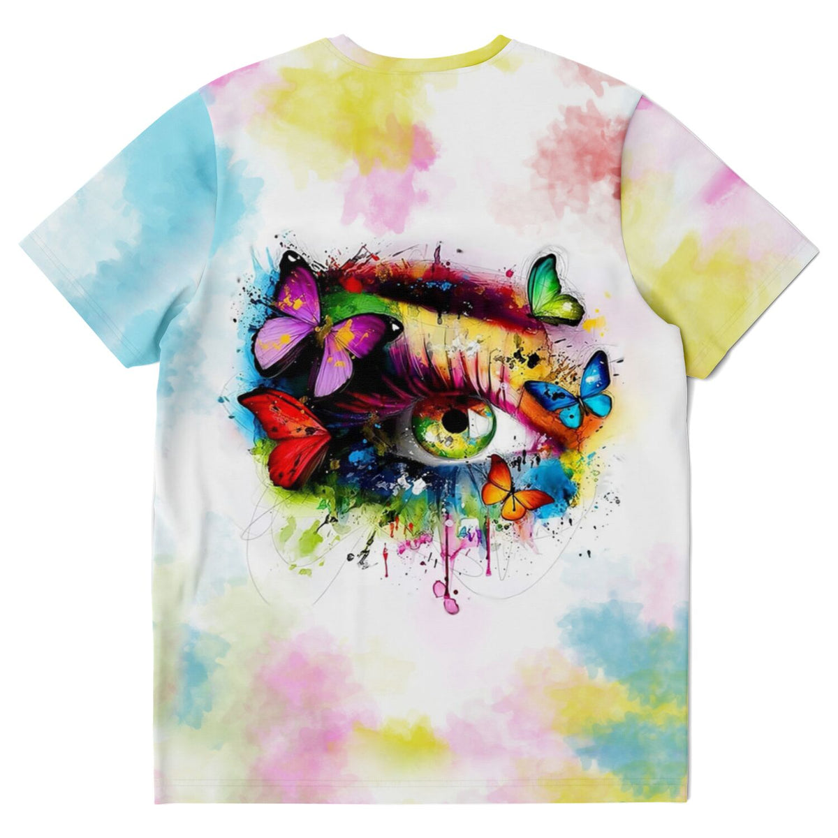 Weißes T-Shirt mit farbenfrohem Eye of Butterflies Motiv im Stil von abstrakter Kunst und Malen nach Zahlen Designs.