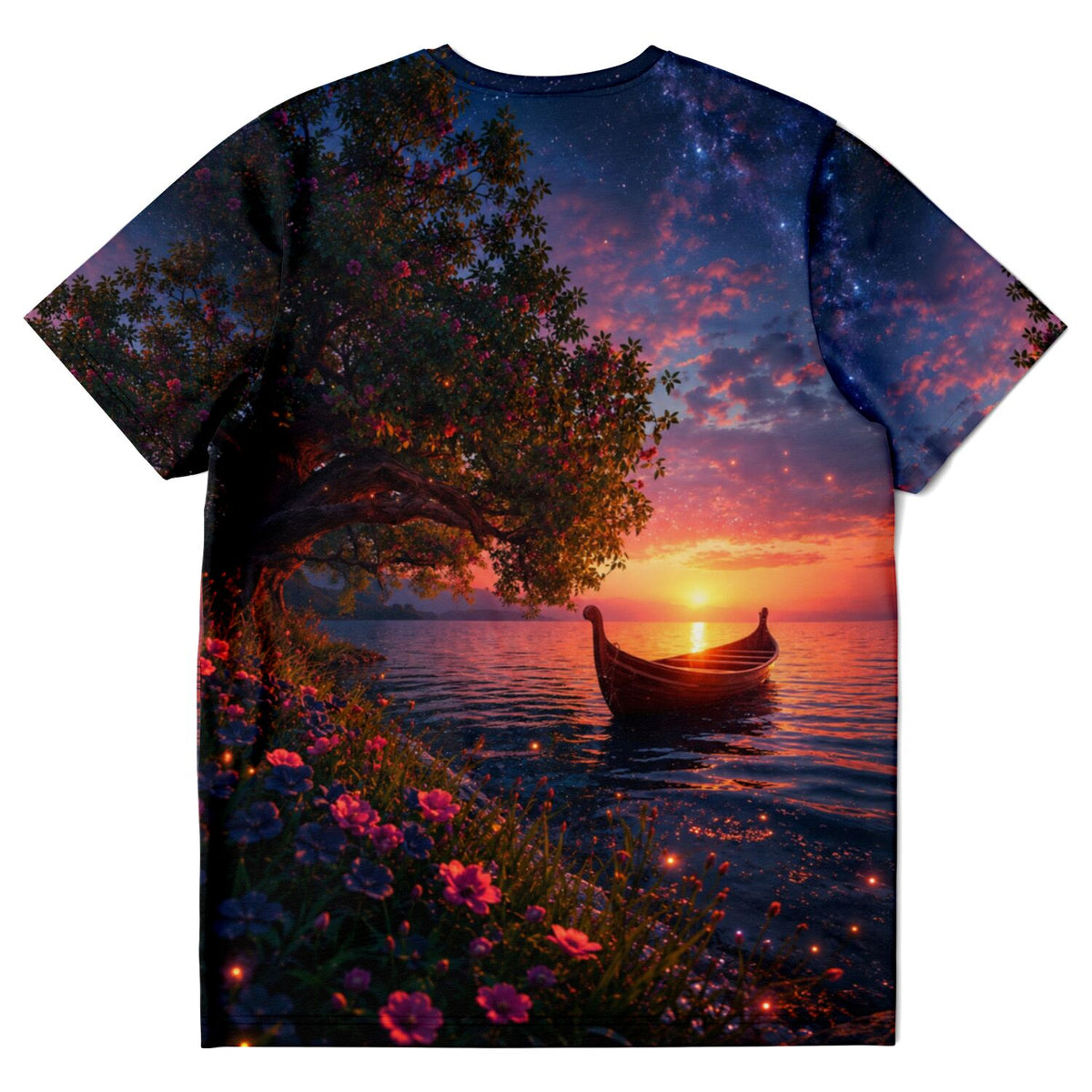 T-Shirt Dreamer Motiv mit verträumtem Boot auf dem See bei Sonnenuntergang im Stil von Diamond Painting Kunst