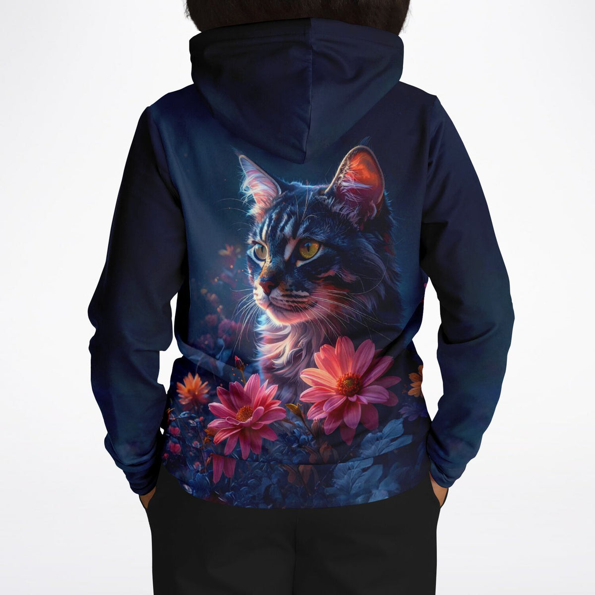 Dreamer Hoodie Segen der Bastet mit Katzen-Motiv und Blumendruck, inspiriert von Diamond Painting und Kunst-Designs.