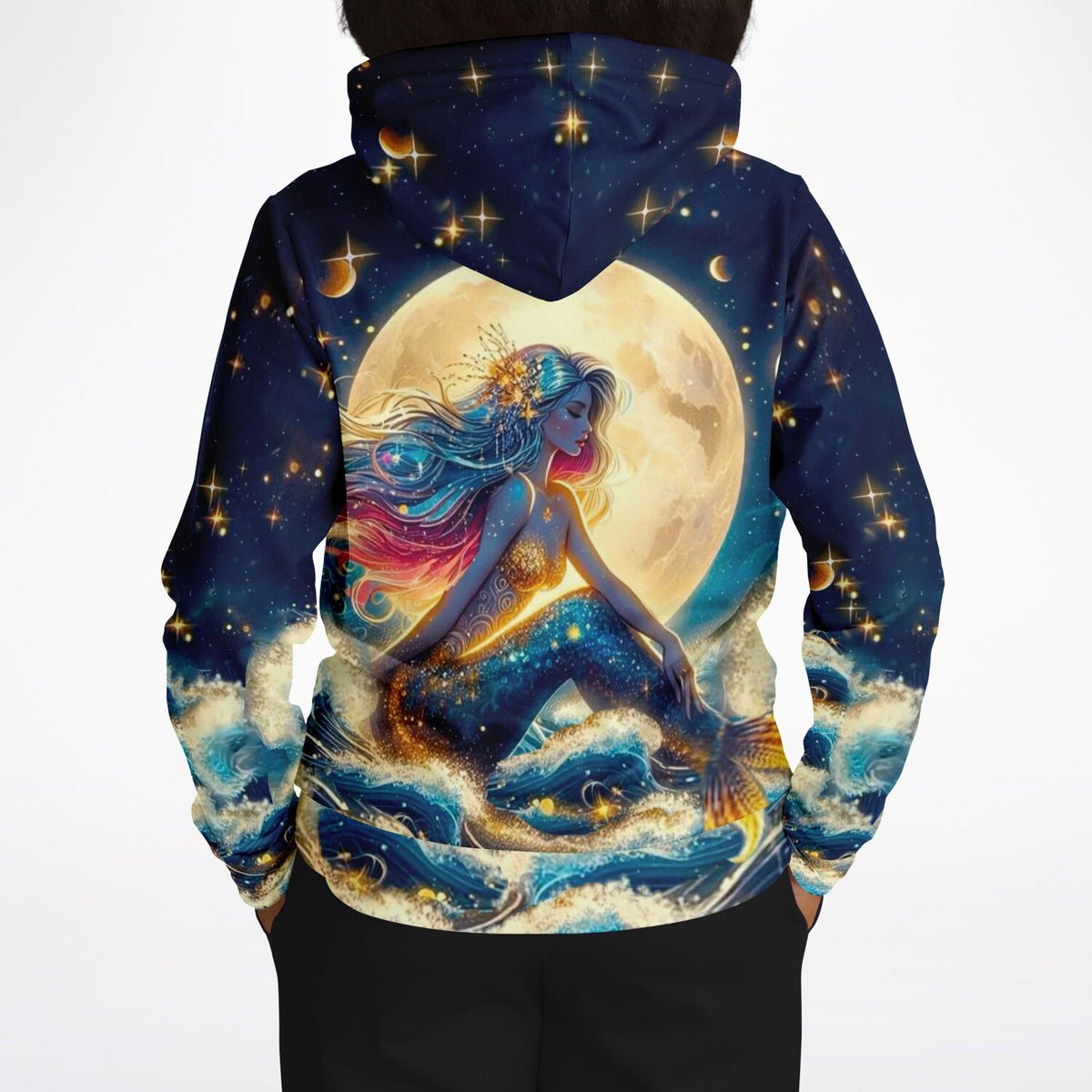 Dreamer Hoodie mit Meerjungfrau-Motiv im Sternenhimmel und Vollmond, perfekt für Fans von Diamond Painting und Kunst