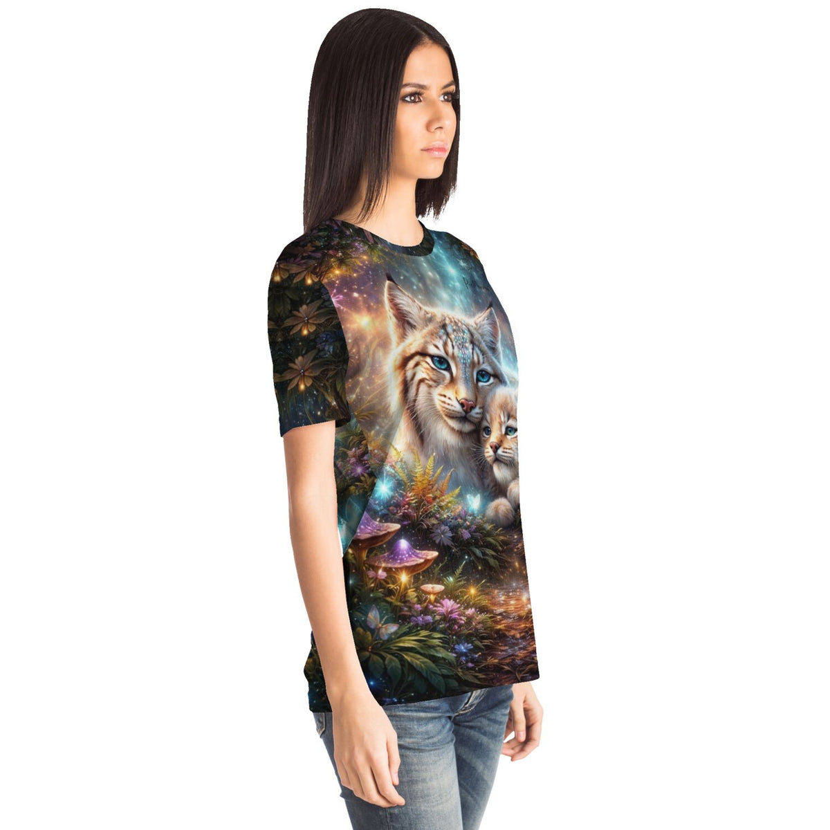 Frau trägt Dreamer T-Shirt mit Luchs-Motiv, inspiriert von Diamond Painting und Malen nach Zahlen Kunstwerken
