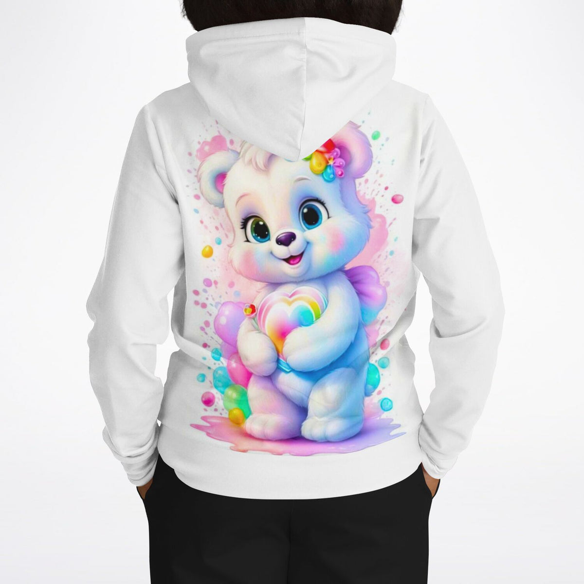 Weißer Kapuzenpullover mit buntem Herzensbärchen-Motiv im süßen Watercolor-Stil für Diamond Painting Fans.