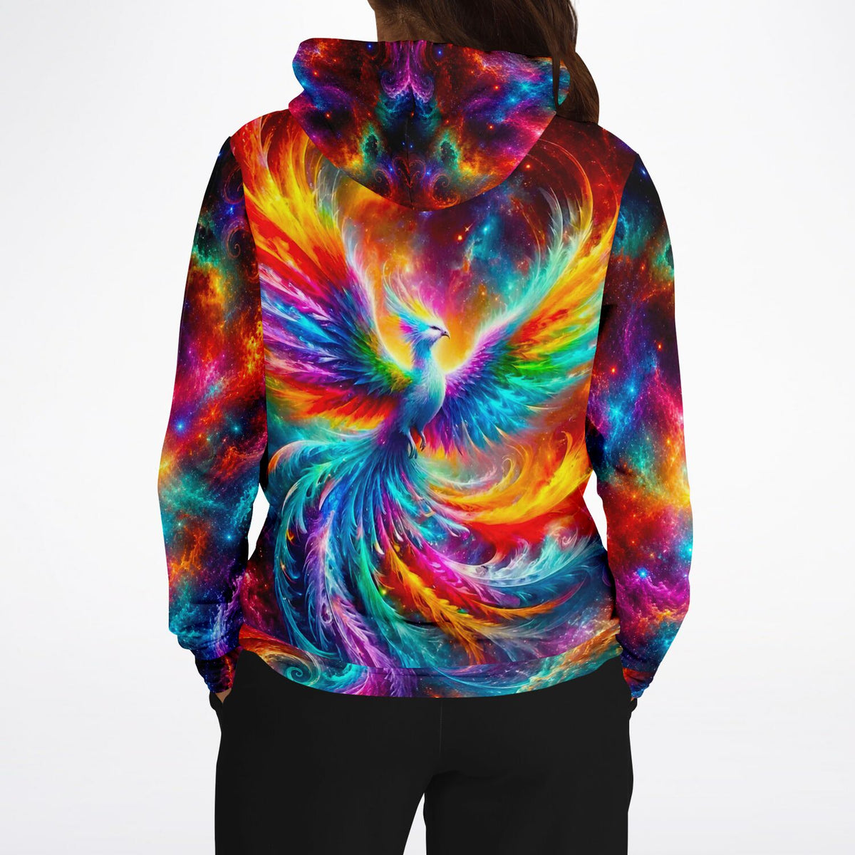 Bunter Phönix Hoodie mit galaktischem Design, passend zu leuchtenden Diamond Painting Motiven und Kunst-Prints für Fans.