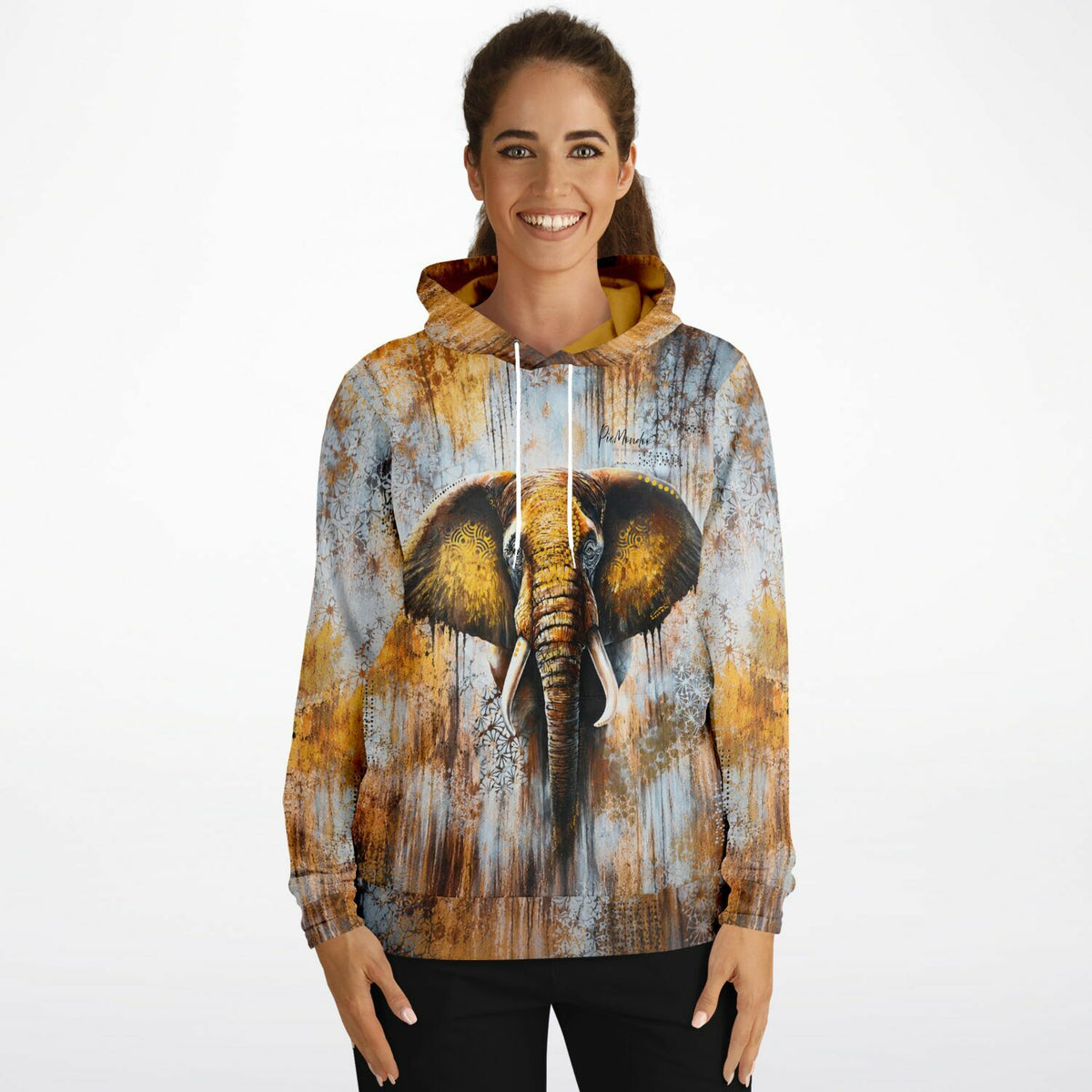 Dreamer Hoodie von Picmondoo mit künstlerischem Elefanten-Motiv in Gold- und Blautönen für Fans von Diamond Painting