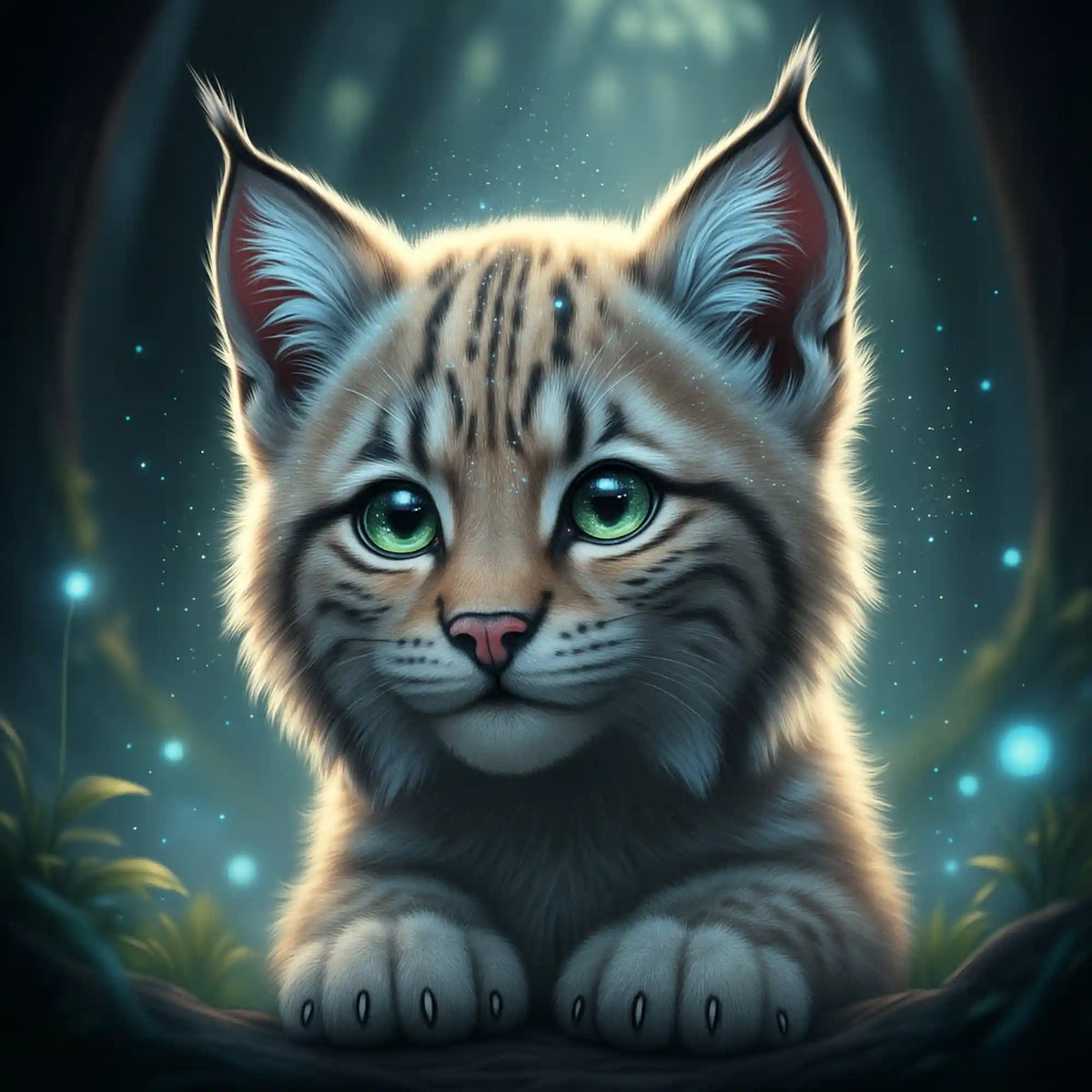 Diamond Painting Set Seele des Waldes mit niedlichem Luchs-Baby im magischen Wald bei Nacht und leuchtendem Fell.