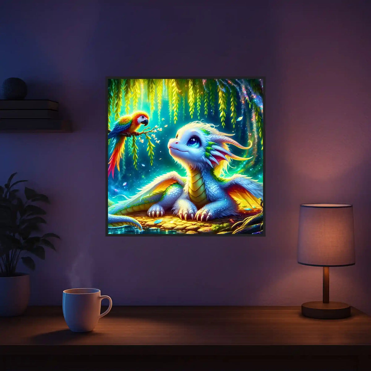 Diamond Painting Set mit süßem Babydrache und Papagei in einer märchenhaften Weiden-Landschaft