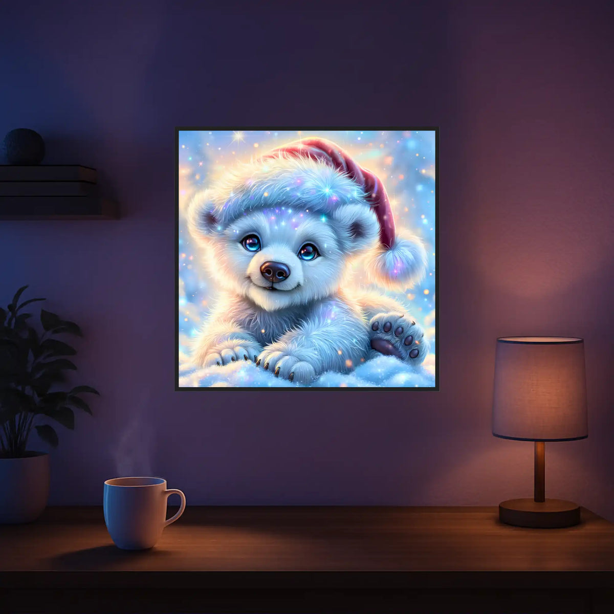 Diamond Painting Set: Niedlicher Eisbär mit Weihnachtsmütze in verschneiter Winterlandschaft mit magischem Funkeleffekt