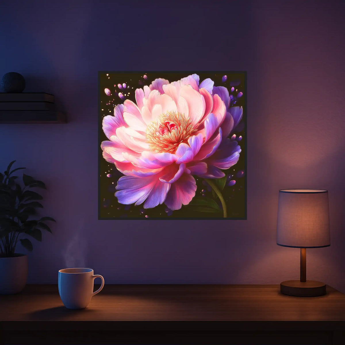 Diamond Painting Set Flüstern der Pfingstrose mit leuchtender, rosa Blüte vor dunklem Hintergrund für ein glitzerndes DIY
