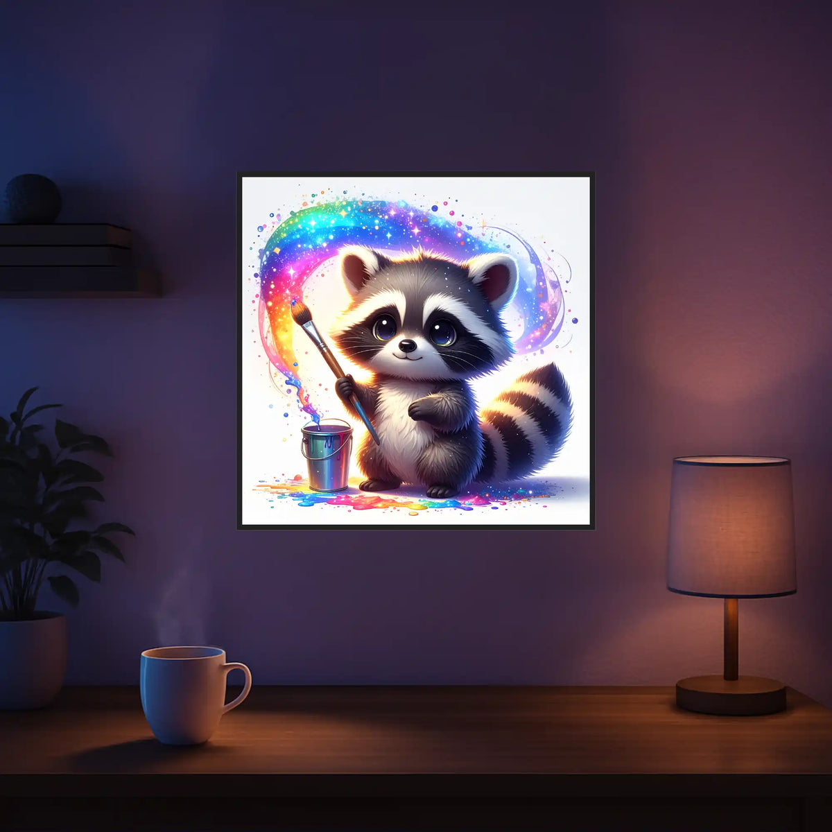 Diamond Painting Set mit süßem Waschbär, der mit Pinsel und Regenbogen-Farben malt