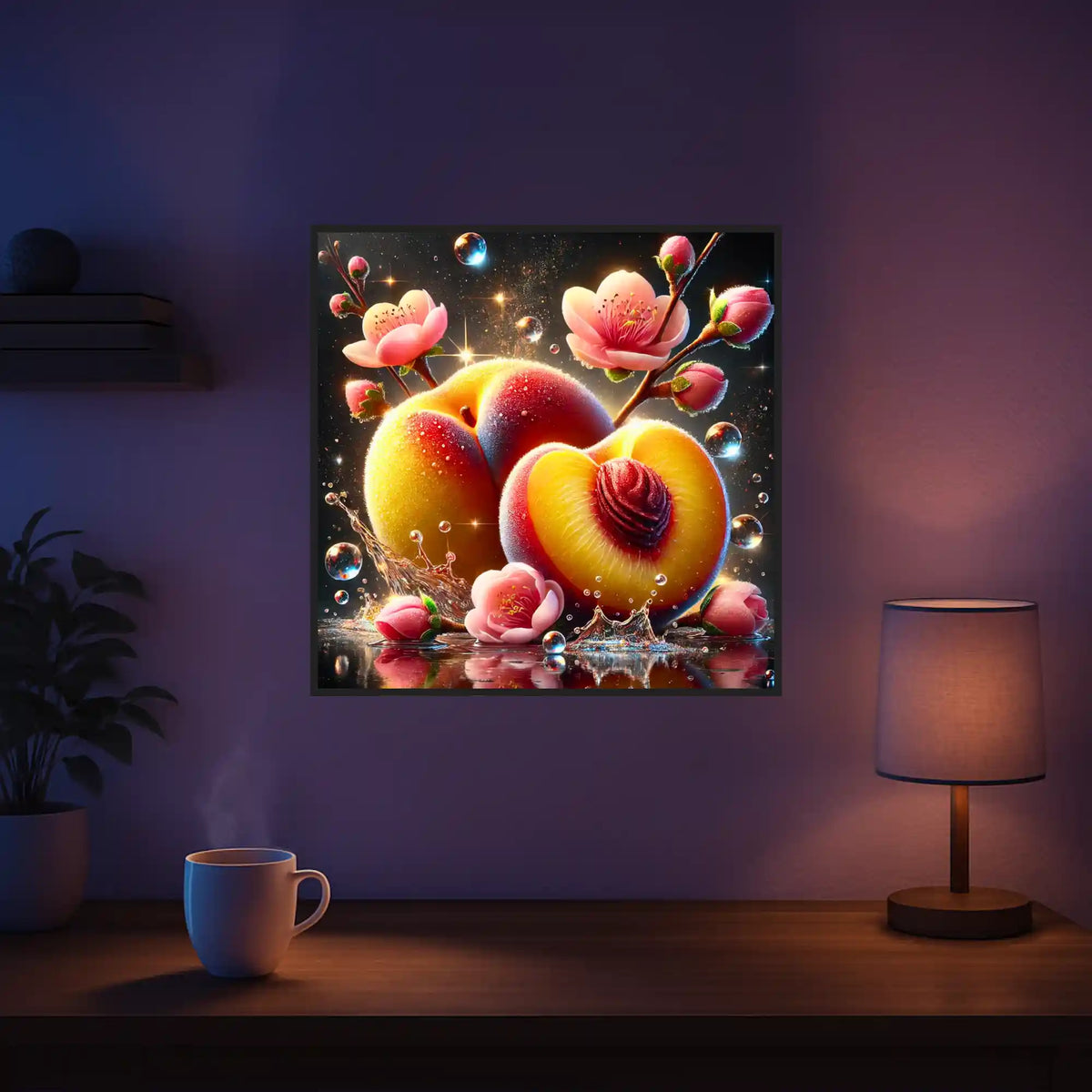 Diamond Painting Süße Fülle mit saftigen Pfirsichen, rosa Blüten und glitzernden Wassertropfen auf schwarzem Hintergrund