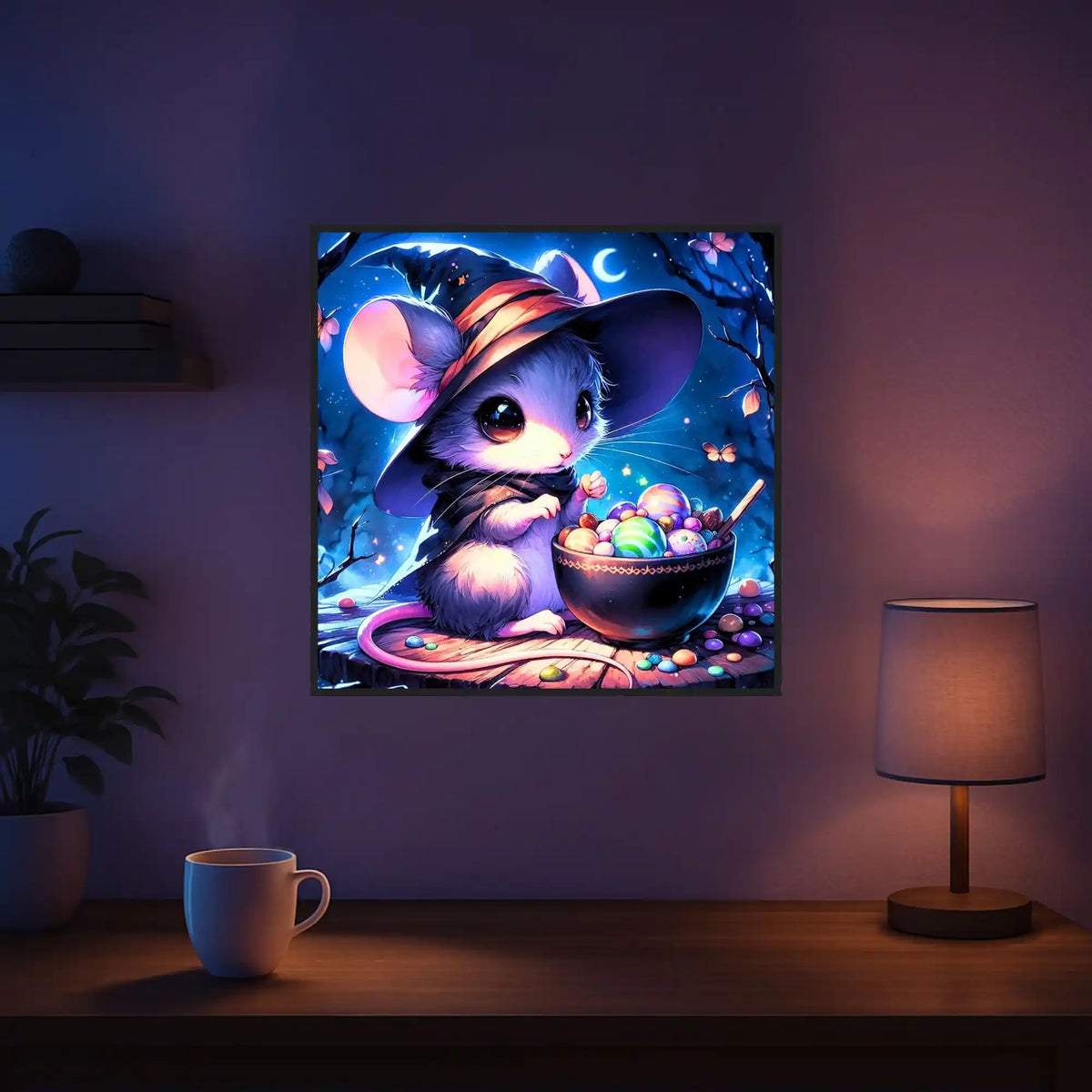 Diamond Painting Set Mondflausch: Süße Maus mit Zauberhut auf Baumstumpf im magischen Wald bei Mondlicht.