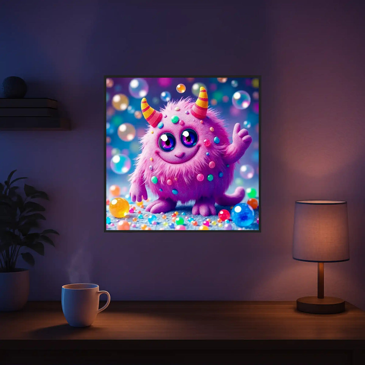 Diamond Painting Set mit niedlichem, flauschigem Comic-Monster und bunten Seifenblasen als leuchtendes Fantasy-Motiv