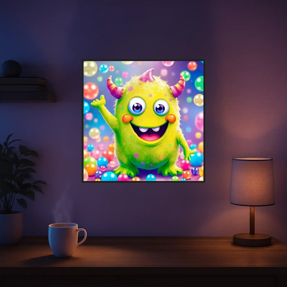 Diamond Painting Set Seppel: Ein niedliches, grünes Comic-Monster mit großen Augen im bunten Fantasy-Design an der Wand.