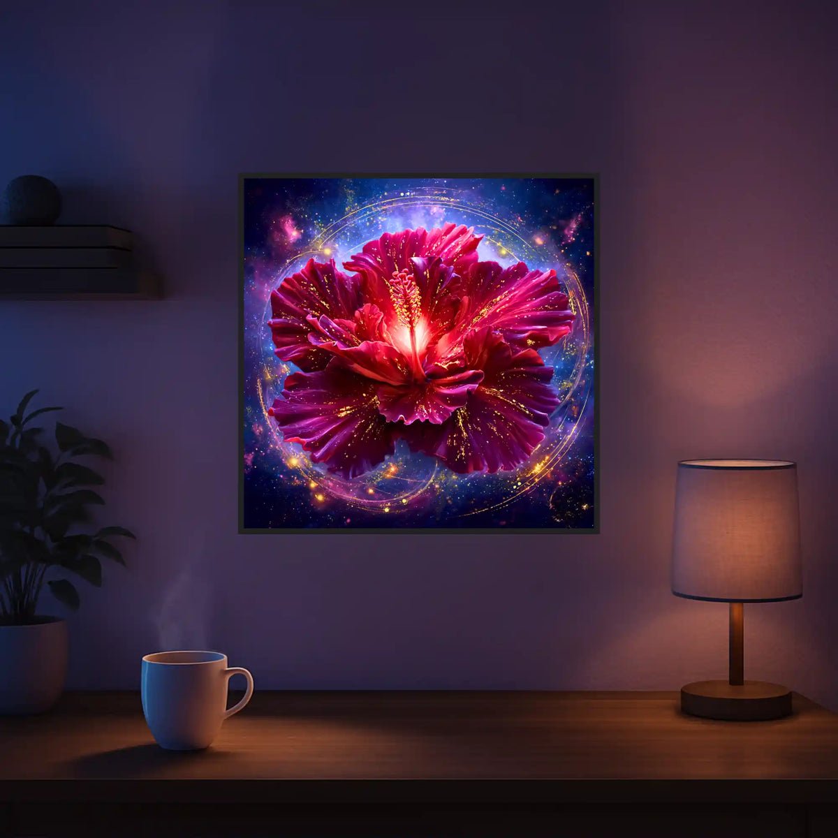 Diamond Painting Set Königin im eigenen Licht mit magischer roter Hibiskusblüte vor kosmischem Sternenhimmel-Hintergrund