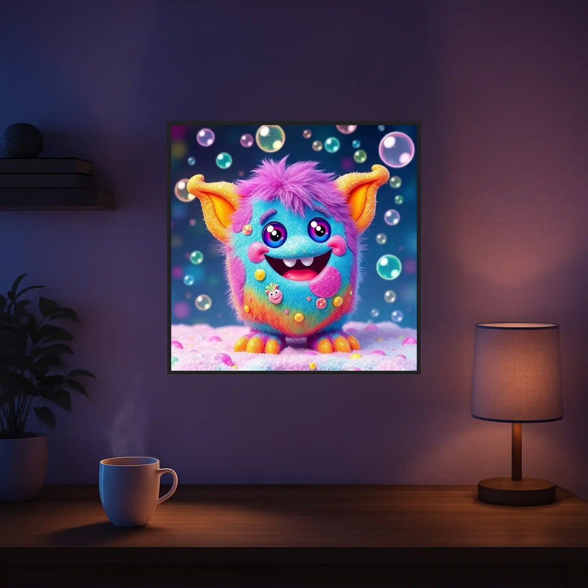 Diamond Painting Set Grinsebacke: Farbenfrohes, flauschiges Kawaii-Monster mit Seifenblasen im verspielten Fantasy-Stil.