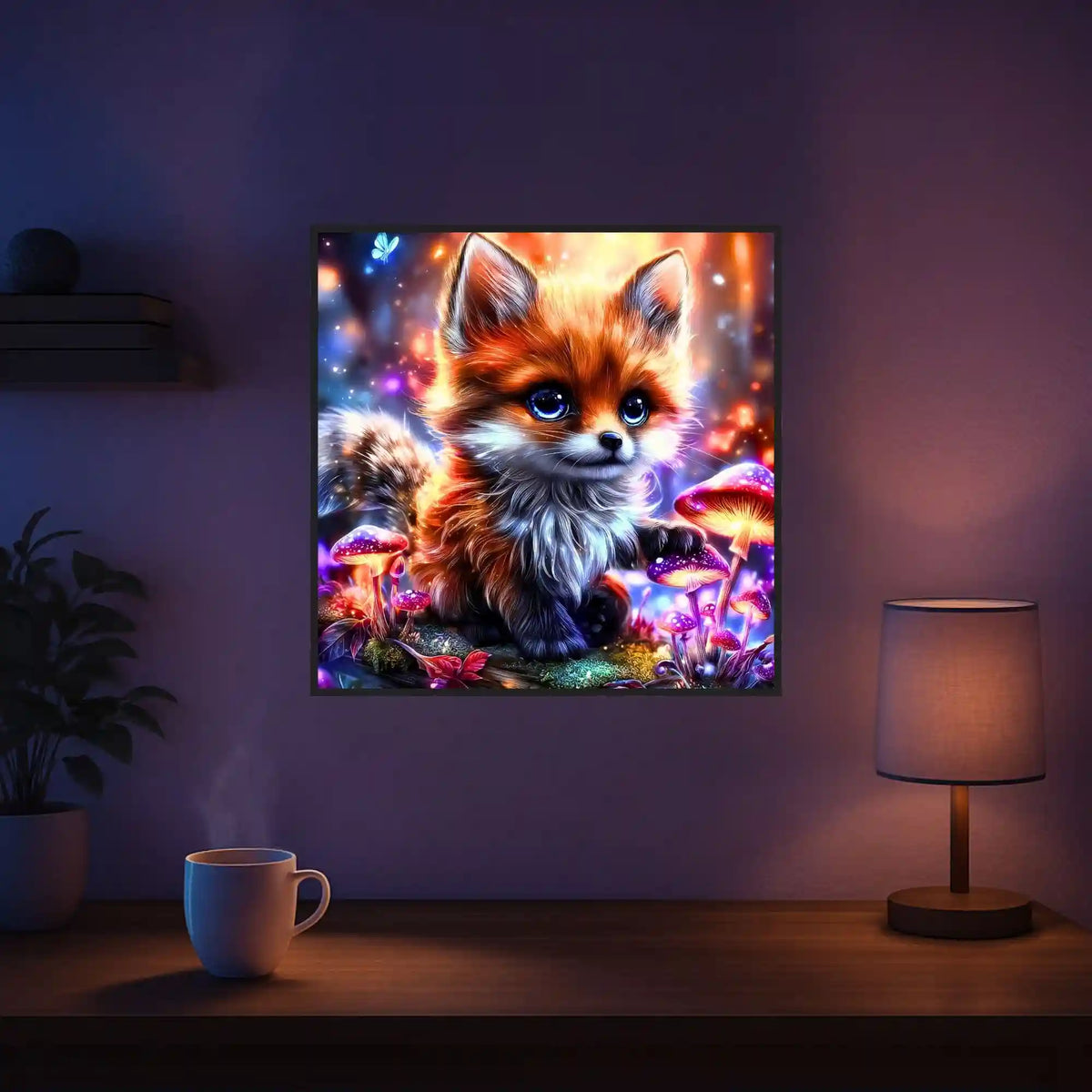 Diamond Painting Set Fynni: Süßer Baby-Fuchs im magischen Wald mit leuchtenden Pilzen als kunstvolles Wandbild.