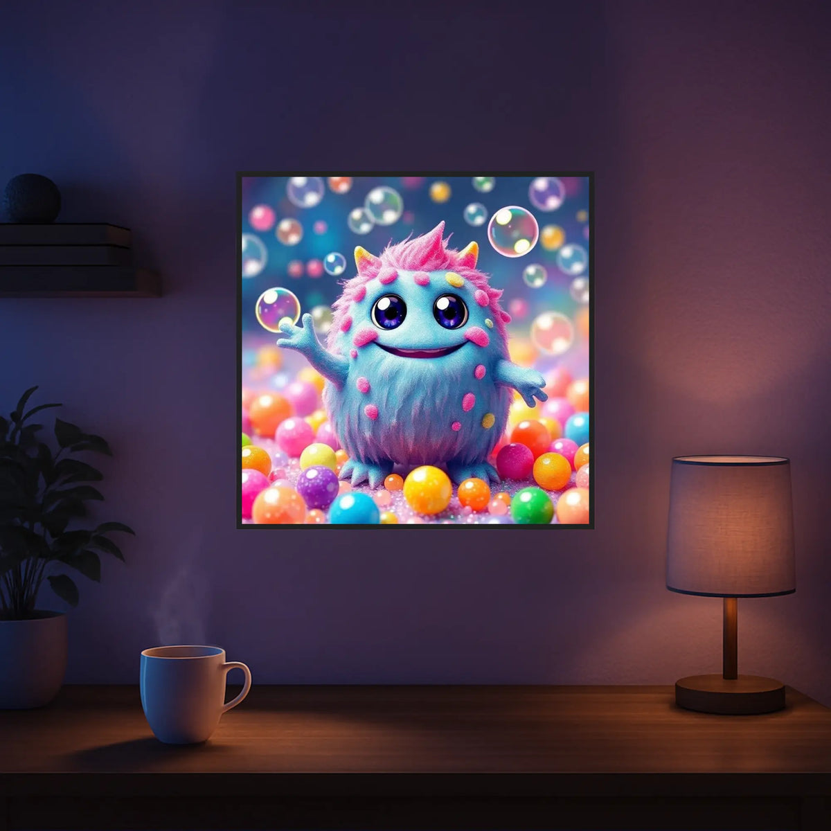 Diamond Painting Set Muffti: Buntes, flauschiges Kawaii-Monster mit Seifenblasen im verspielten Fantasy-Design