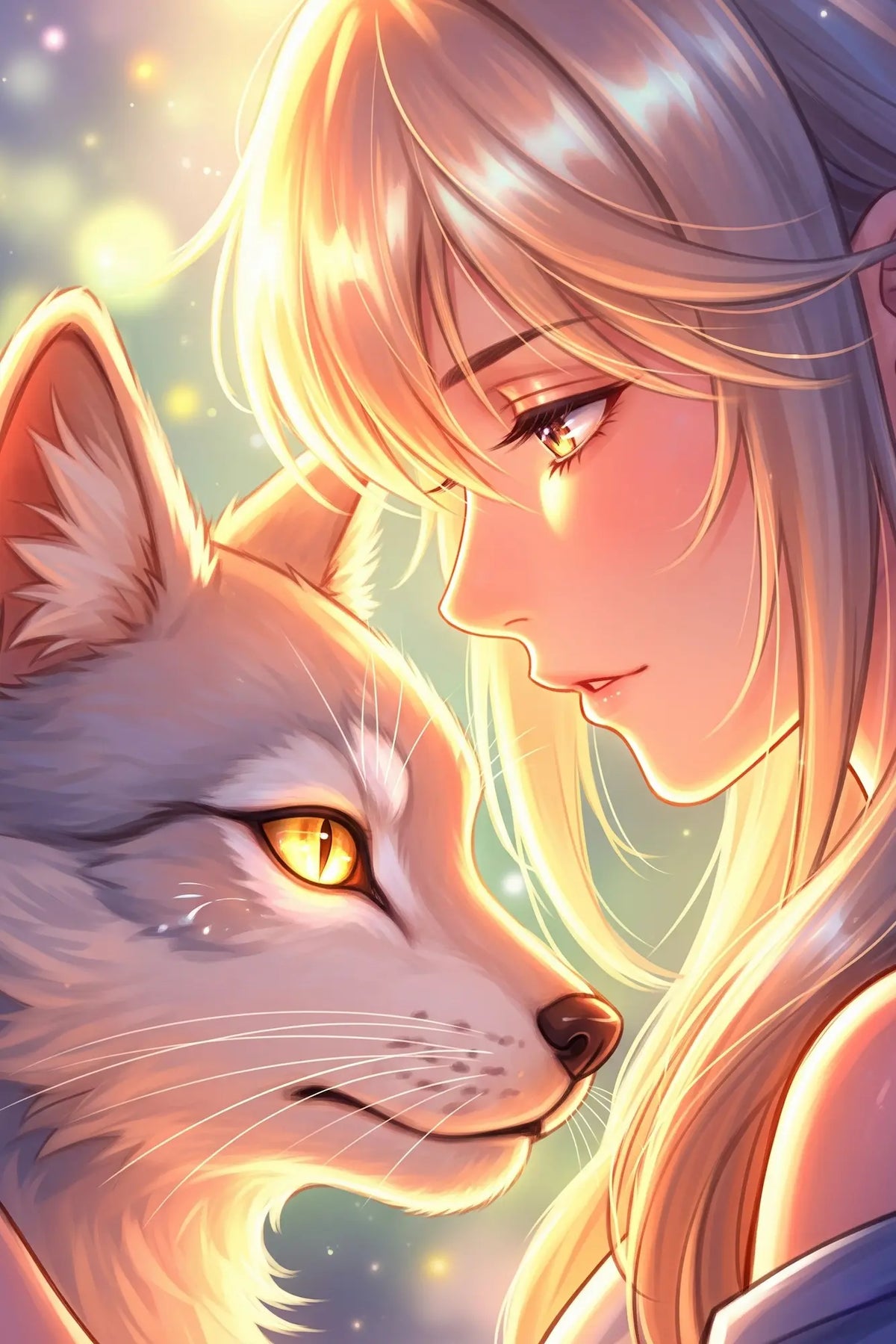 Diamond Painting Set Anime Mädchen mit Wolf in magischer Fantasy-Szene mit goldenen Augen und warmem Licht