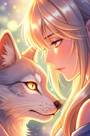 Diamond Painting Set Anime Mädchen mit Wolf in magischer Fantasy-Szene mit goldenen Augen und warmem Licht