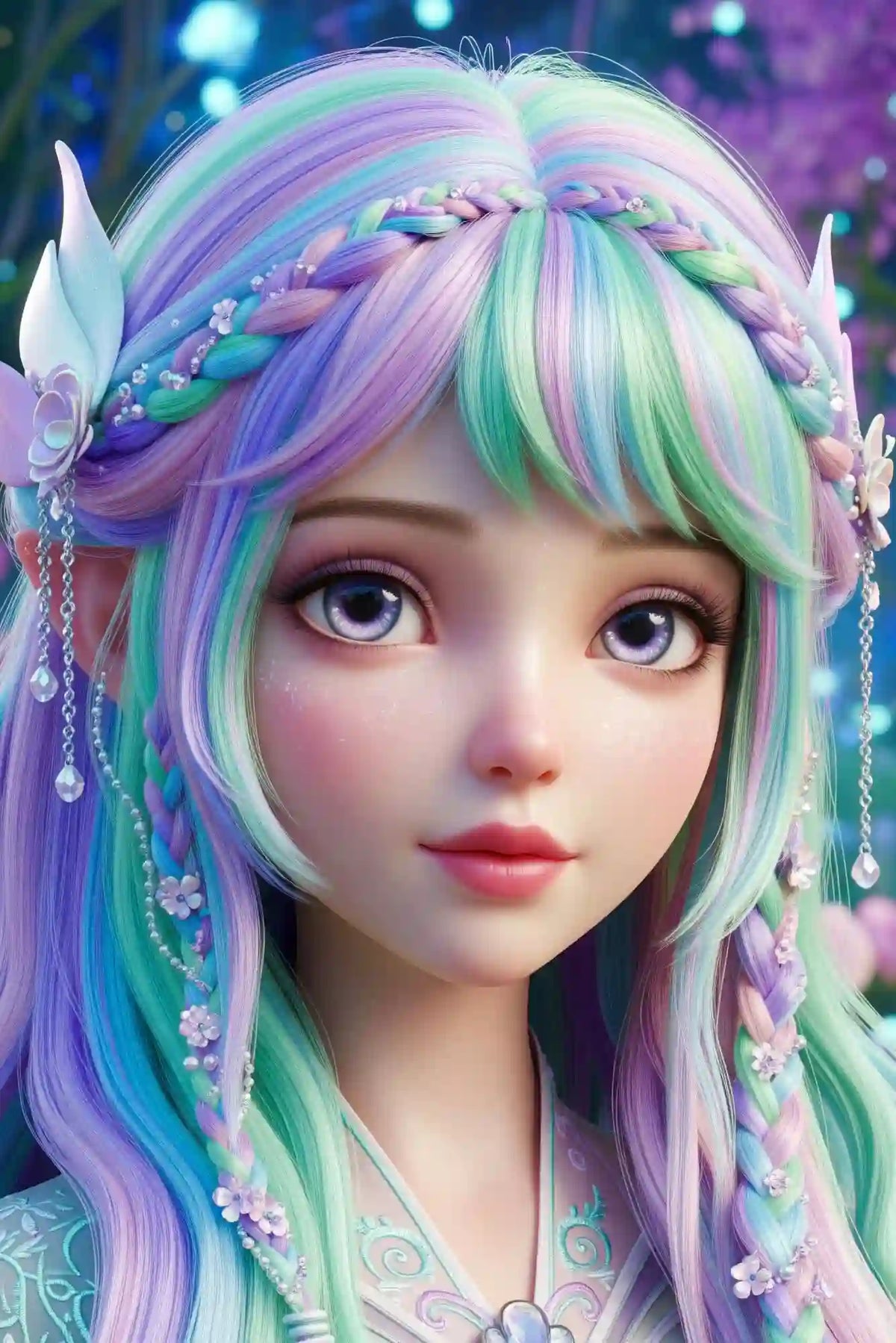 Diamond Painting Set Feenprinzessin Elara mit pastellfarbenen Haaren, Blumen und glitzernden Details im Fantasy-Stil
