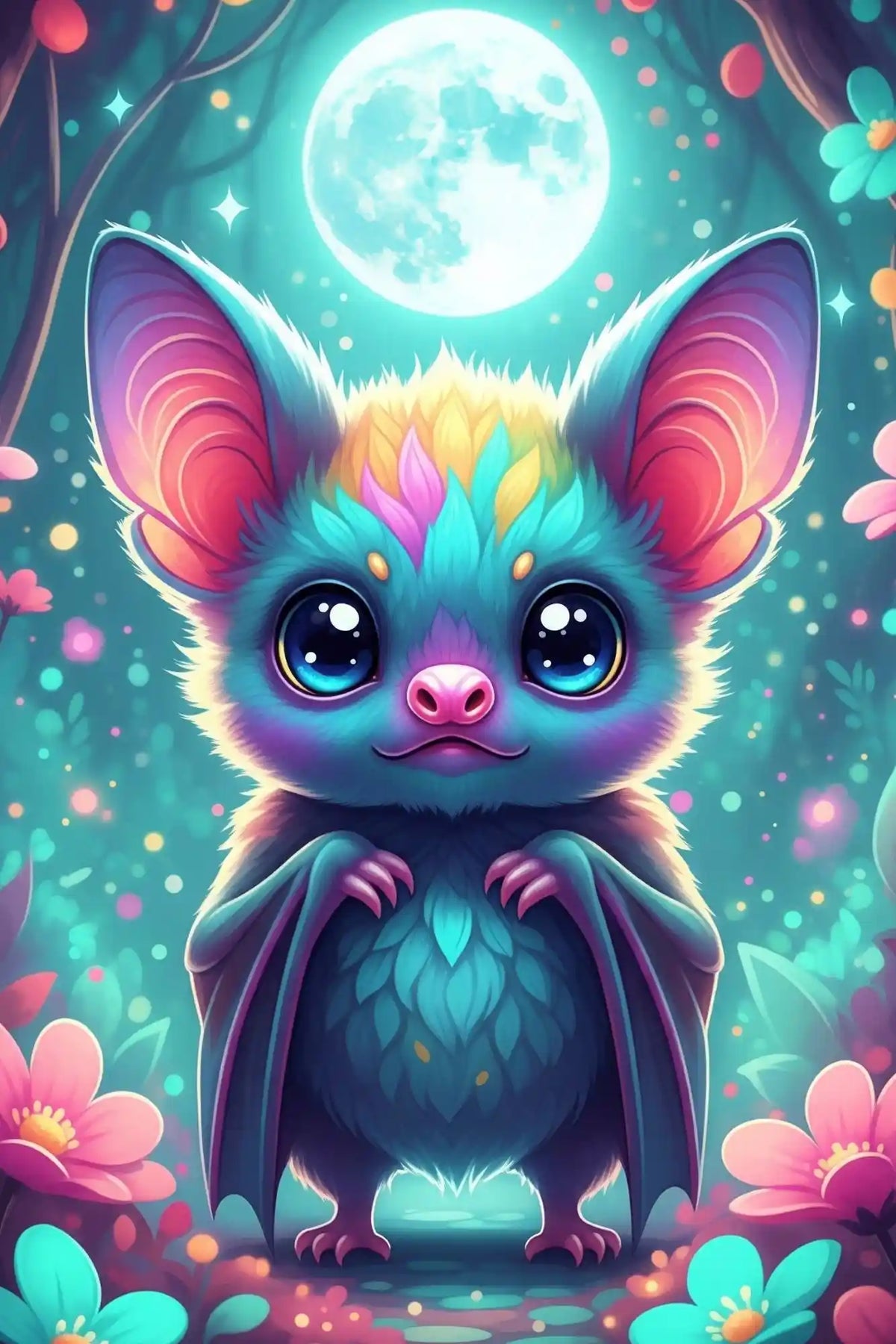 Diamond Painting Set: Niedliche bunte Fledermaus Freddy im magischen Wald vor einem Vollmond umgeben von Blumen