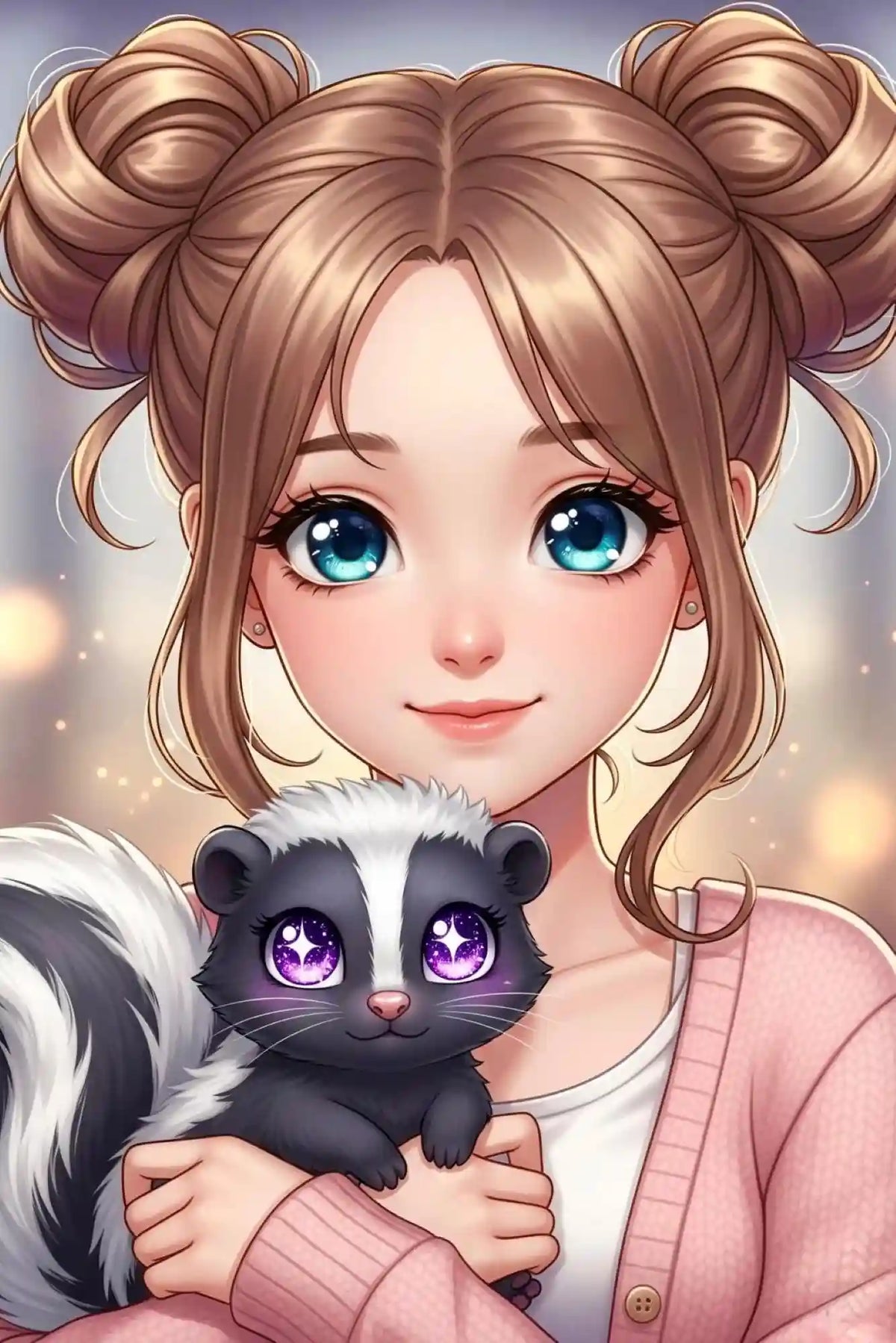 Diamond Painting Set Yuna & Puki mit Anime Mädchen und süßem Skunk in rosa Pullover für kreativen Bastelspaß.