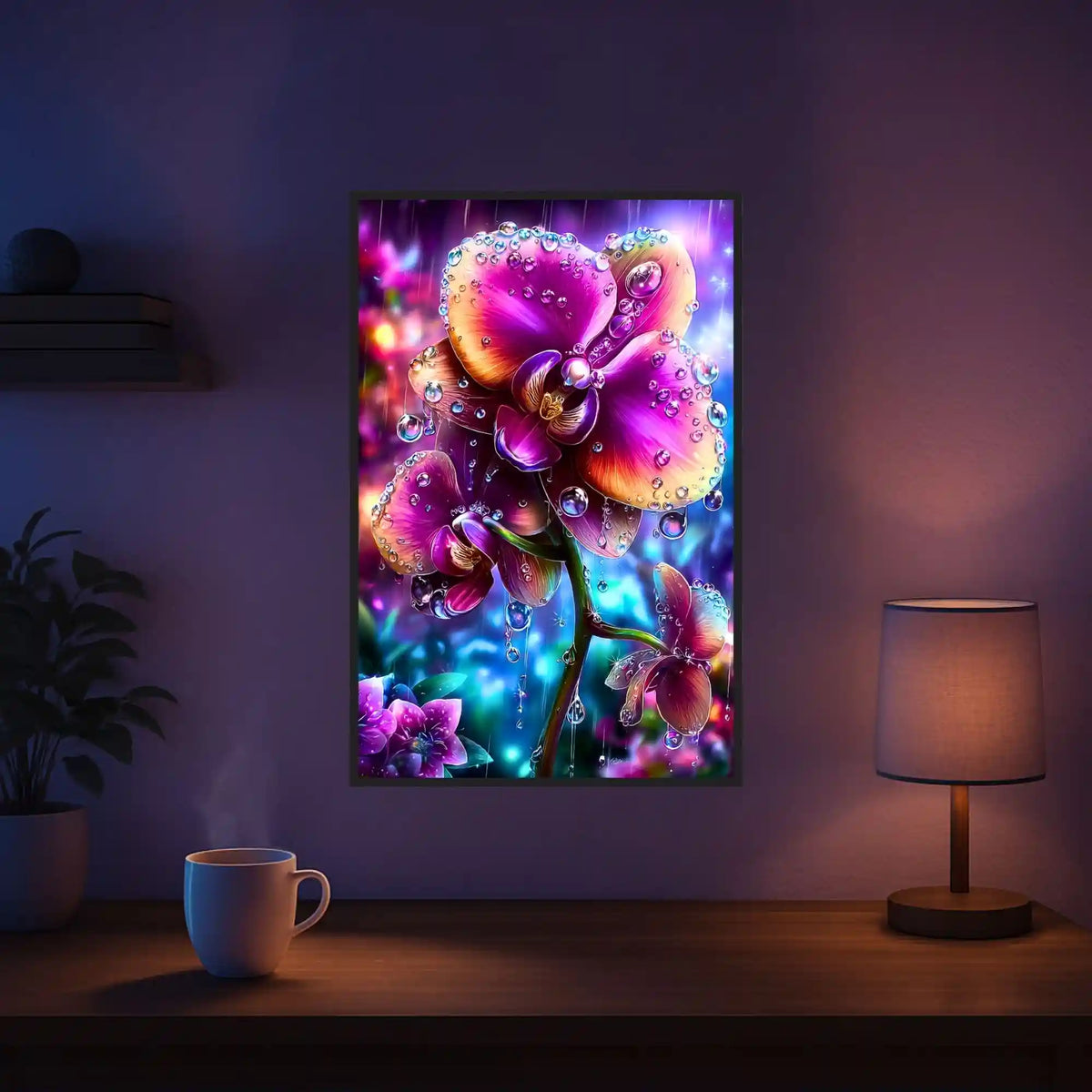 Diamond Painting Set Regenkuss: bunte Orchideenblüten mit glitzernden Wassertropfen als brillantes DIY-Kunstwerk.