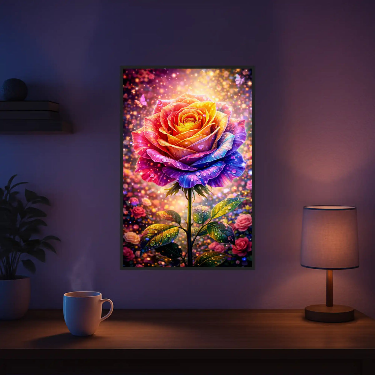 Diamond Painting Set Elythra: Bunte, glitzernde Rose mit Wassertropfen als hochwertiges Wandbild für DIY-Fans