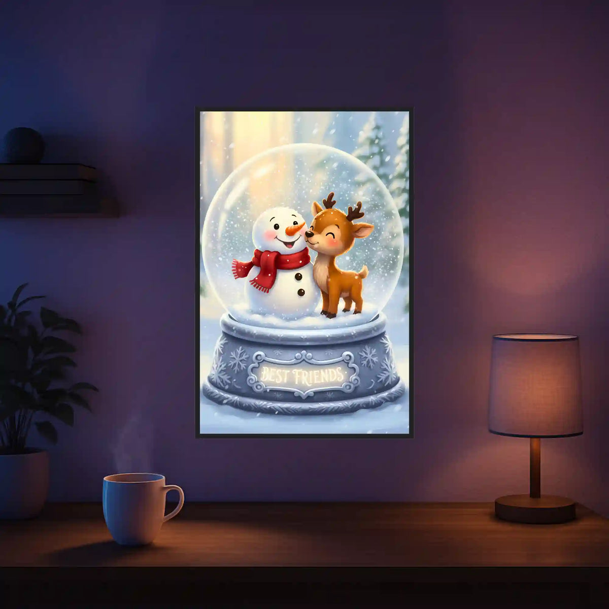 Diamond Painting Set Best Friends: Niedlicher Schneemann und Rentier in einer Schneekugel als winterliches Motiv.