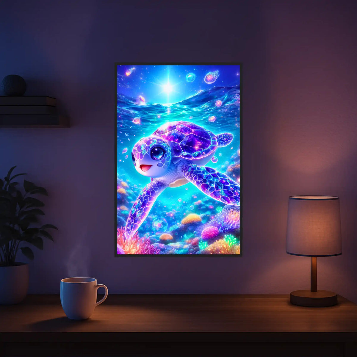 Diamond Painting Set: Sternenschildi Motiv mit funkelnder, lila Meeresschildkröte und Korallenriff in Unterwasserwelt