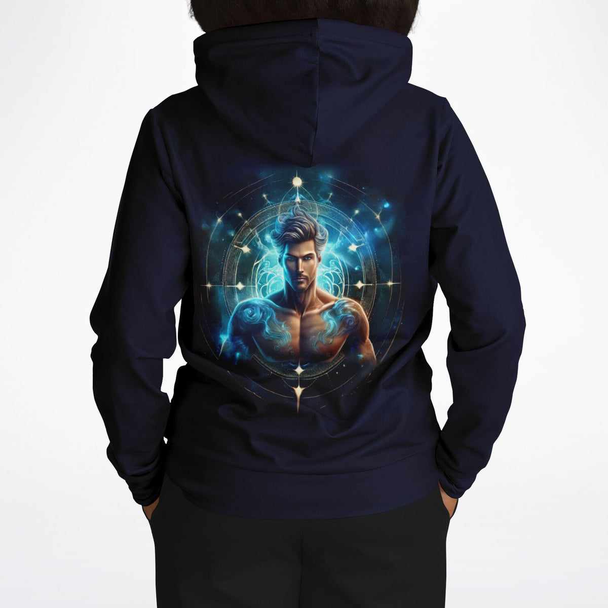 Dunkelblauer Hoodie mit Wassermann-Motiv, Sternzeichen-Kunstwerk in leuchtendem Blau auf dem Rücken für DIY-Fans