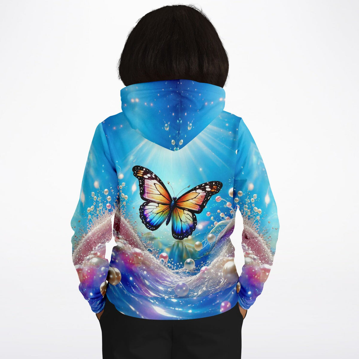 Dreamer Hoodie mit farbenfrohem Schmetterlings-Motiv und Perlen-Grafik, ideal für Fans von Diamond Painting Kunst