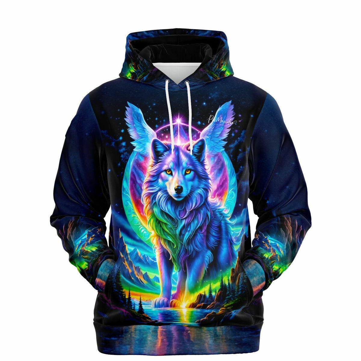 Dreamer Hoodie mit farbenfrohem, geflügeltem Wolf in magischer Naturlandschaft – ideal für Diamond Painting Fans
