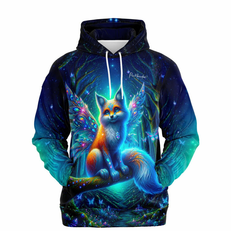 Dreamer Hoodie mit magischem Fuchs-Motiv, inspiriert von Diamond Painting Kunst in leuchtenden Farben auf dunklem Wald