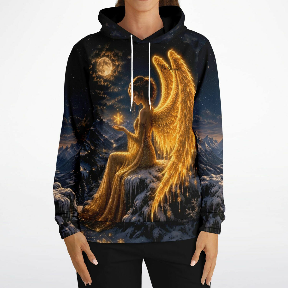 Dreamer Hoodie mit Engel-Motiv auf verschneitem Berg, passend zu beliebten Designs von Diamond Painting und Malen nach Zahlen