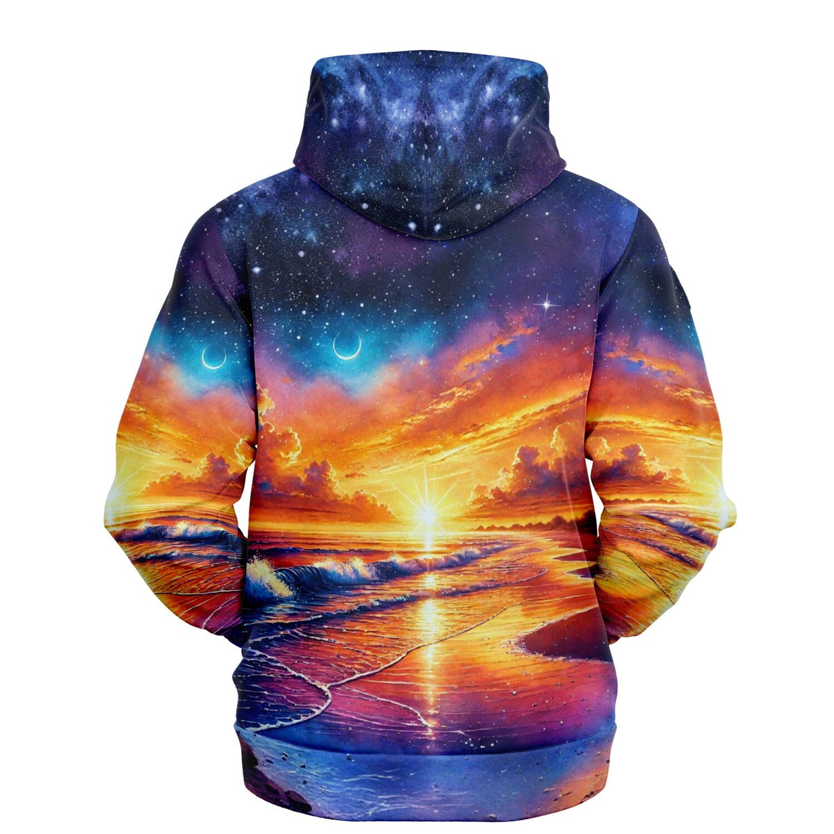 Dreamer Hoodie mit farbenintensivem Weltall- und Sonnenuntergang-Motiv am Meer, All-Over-Print Design