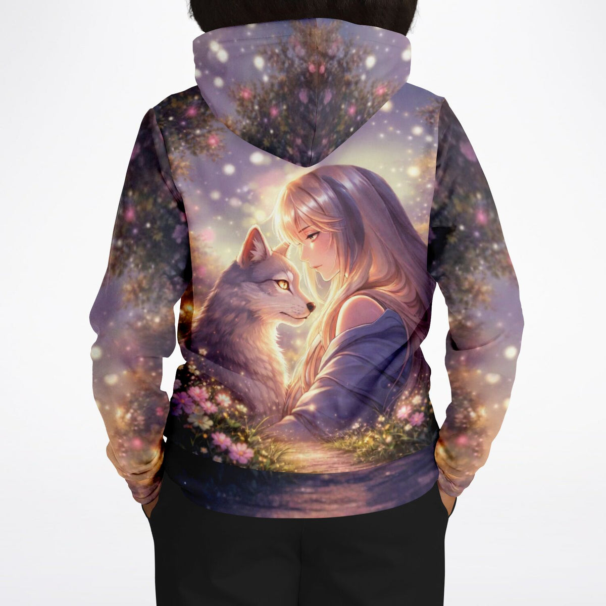 Dreamer Hoodie mit Fantasy-Motiv von Mädchen und Wolf im magischen Wald, AOP-Print Design für Kunst- und DIY-Liebhaber