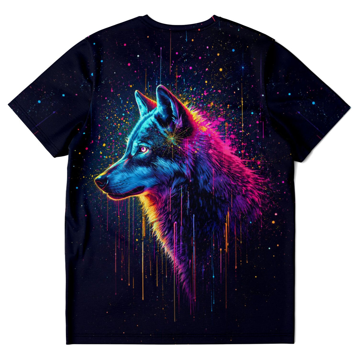 Schwarzes T-Shirt mit farbenfrohem Wolf-Motiv im Neon-Stil, inspiriert durch Diamond Painting und Malen nach Zahlen Design.