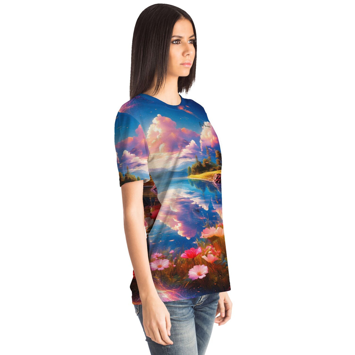 Frau trägt T-Shirt mit farbenfrohem See-Motiv im Stil von Diamond Painting und Malen nach Zahlen Kunstwerken